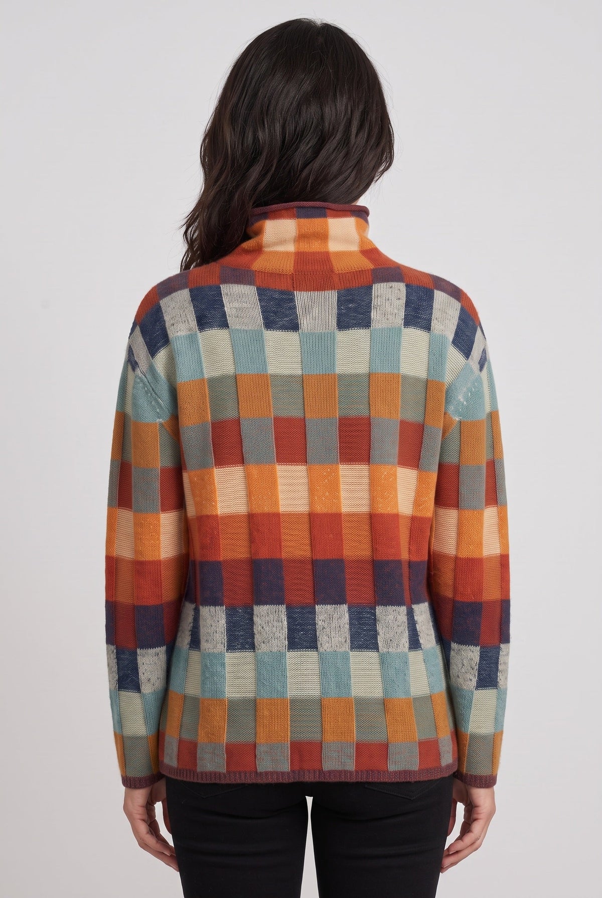 Pull Femme | Col Roulé Carreaux Multicolores Épaules Tombantes - 2