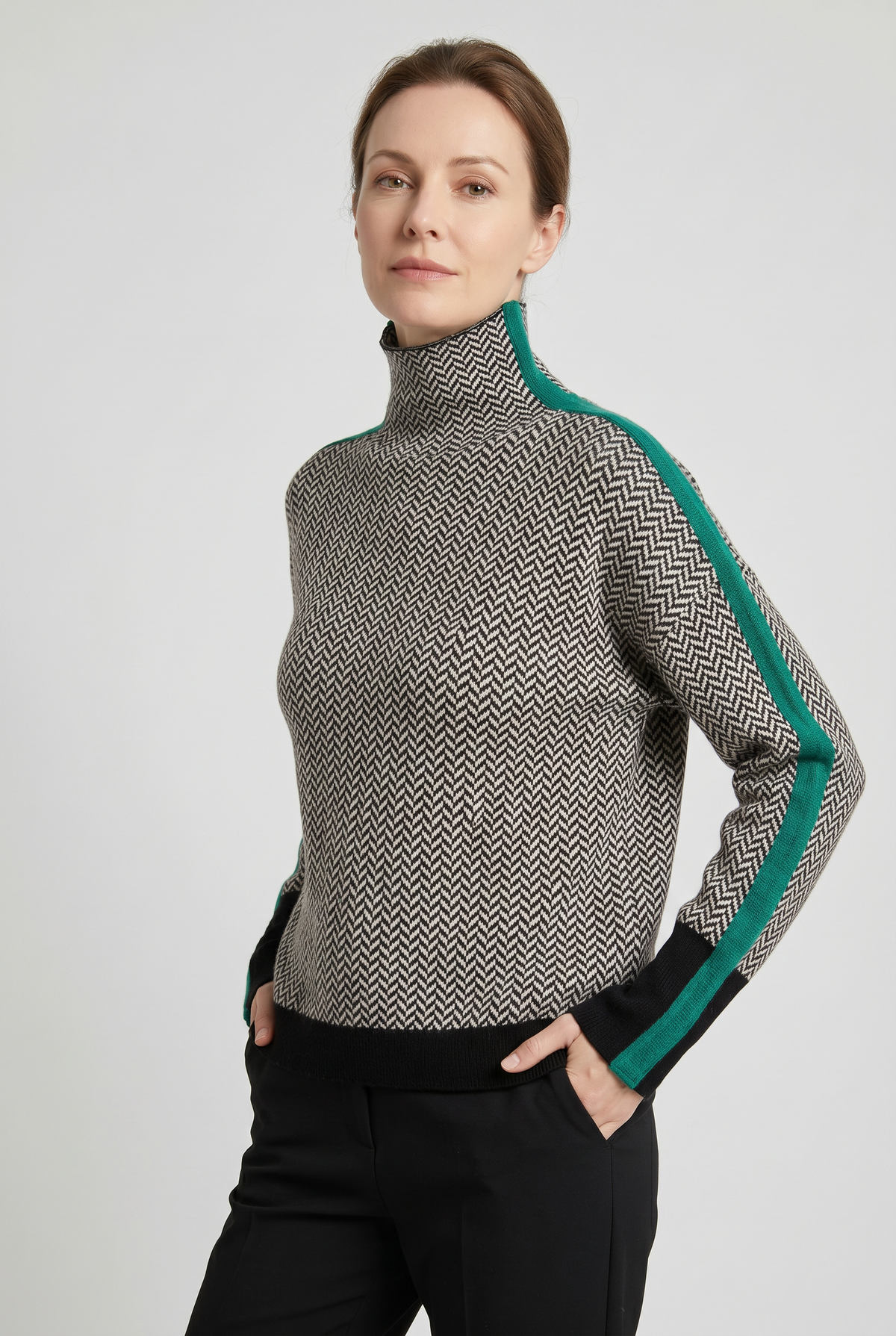 Pull Femme | Col Roulé Chevrons Bande Contrastée - 5