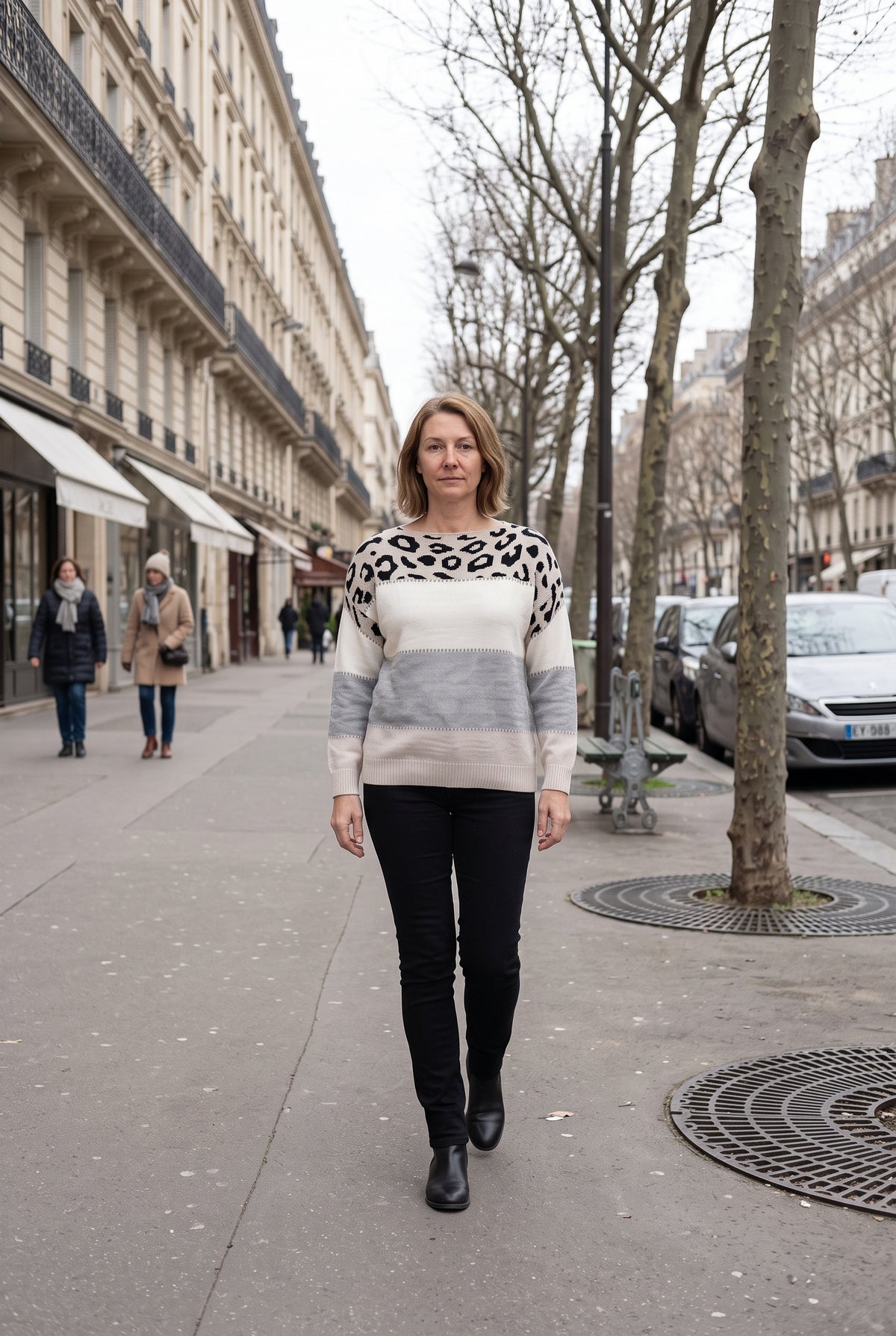 Pull Femme | Empiècement Léopard Panneaux Contrastés Col Rond - Gris