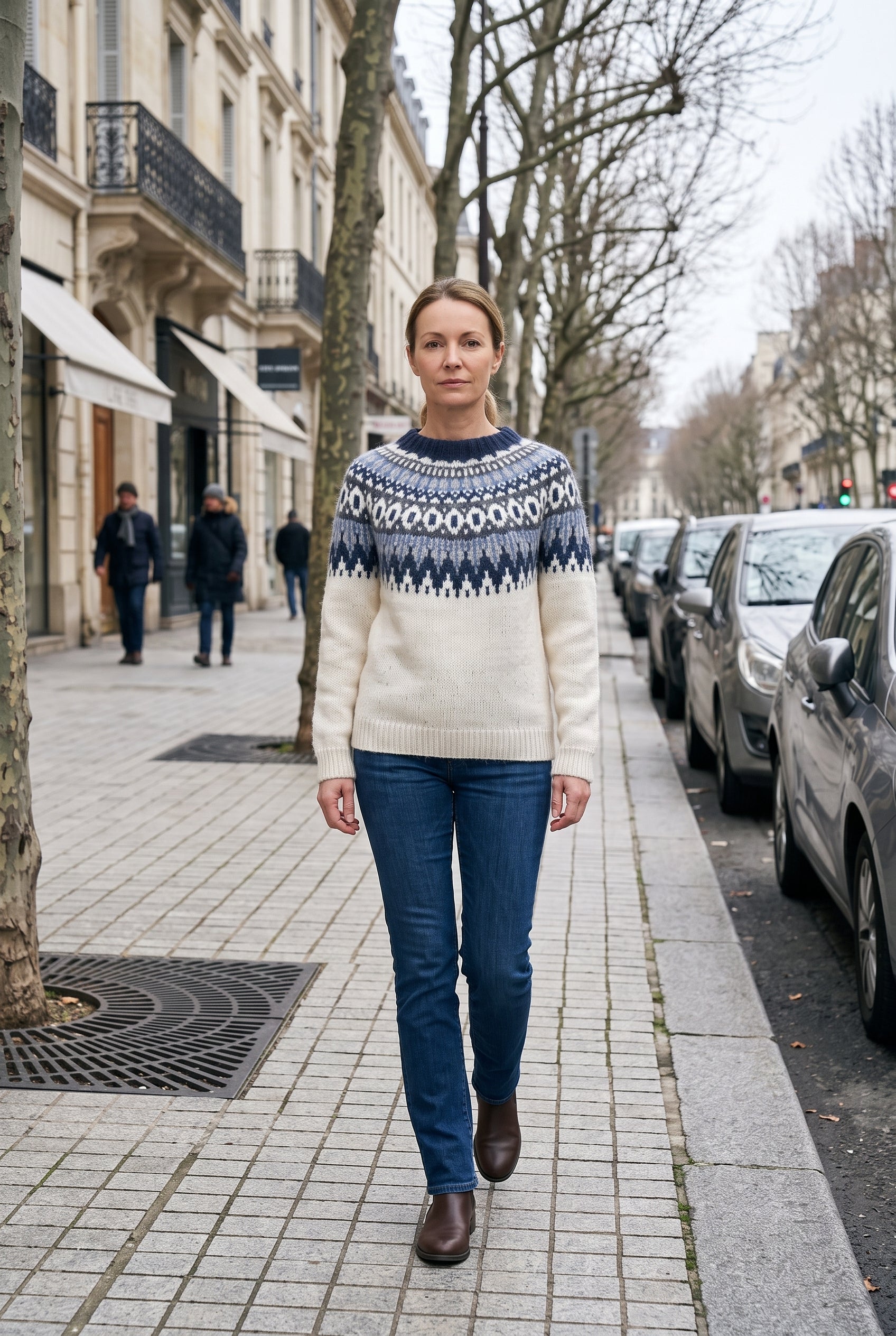 Pull Femme | Jacquard Empiècement Nordique Col Rond Bords Côtelés - Blanc / Bleu