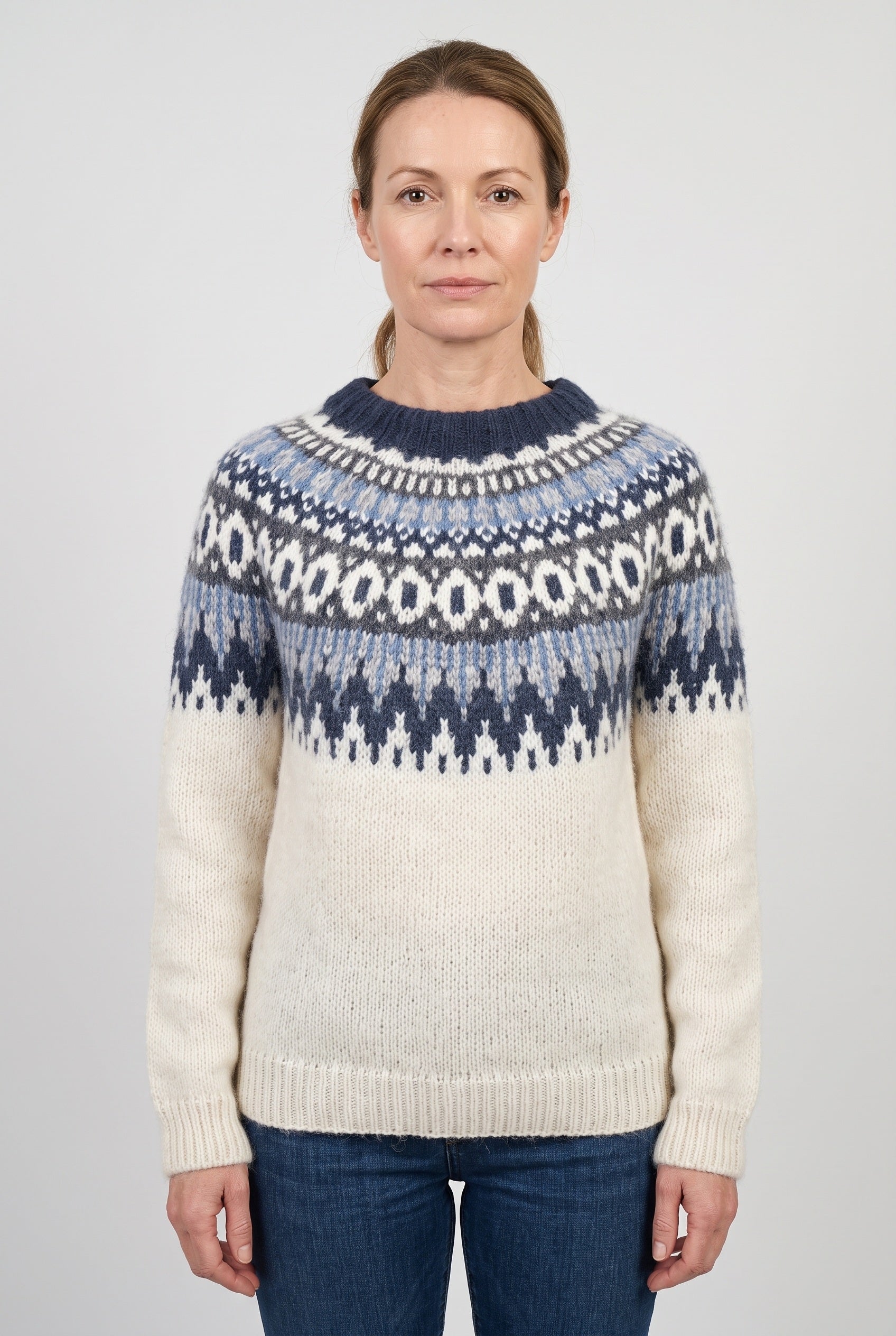 Pull Femme | Jacquard Empiècement Nordique Col Rond Bords Côtelés - 1