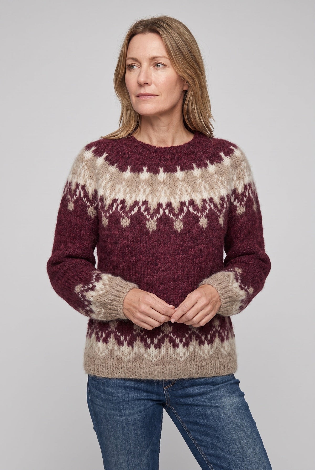 Pull Femme | Jacquard Motif Flocons Col Rond Bords Contrastés - 4