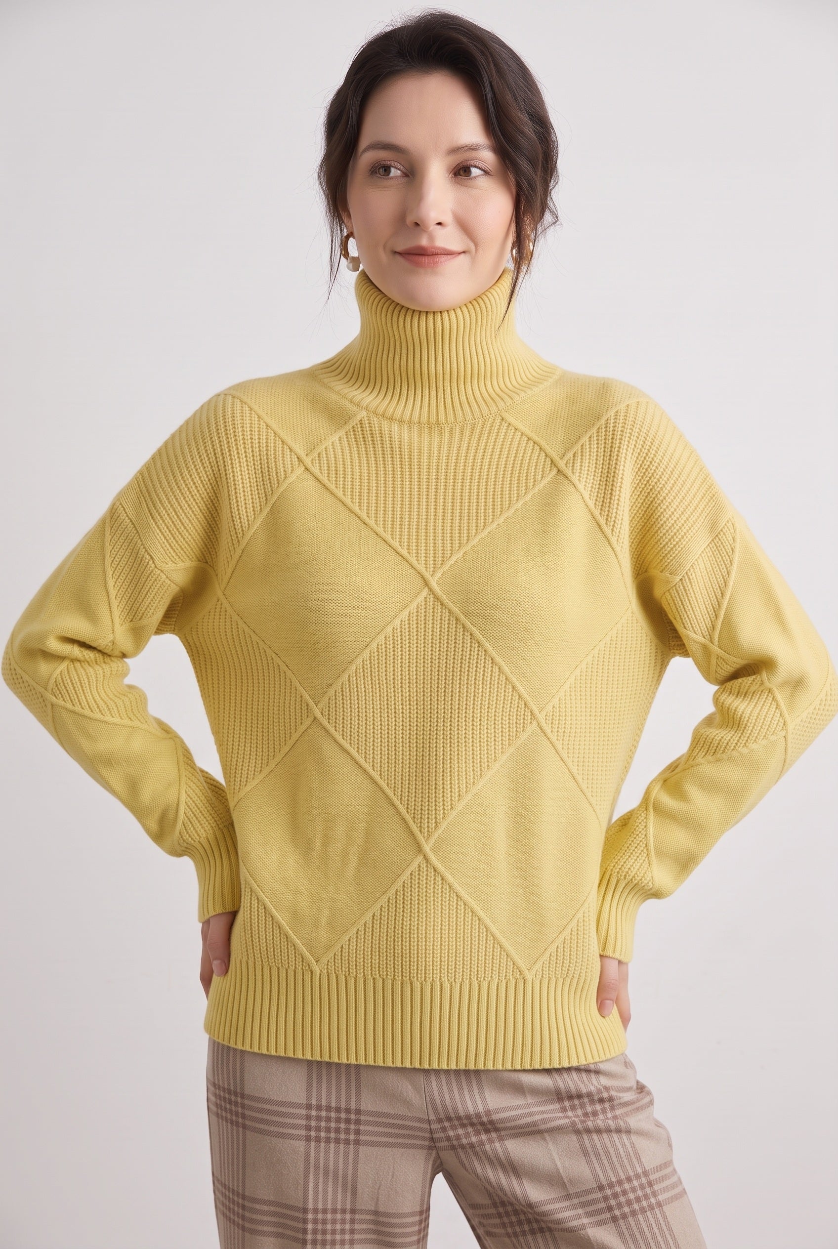 Pull Femme | Torsadé Col Roulé Motif Losanges Coupe Ample - 5