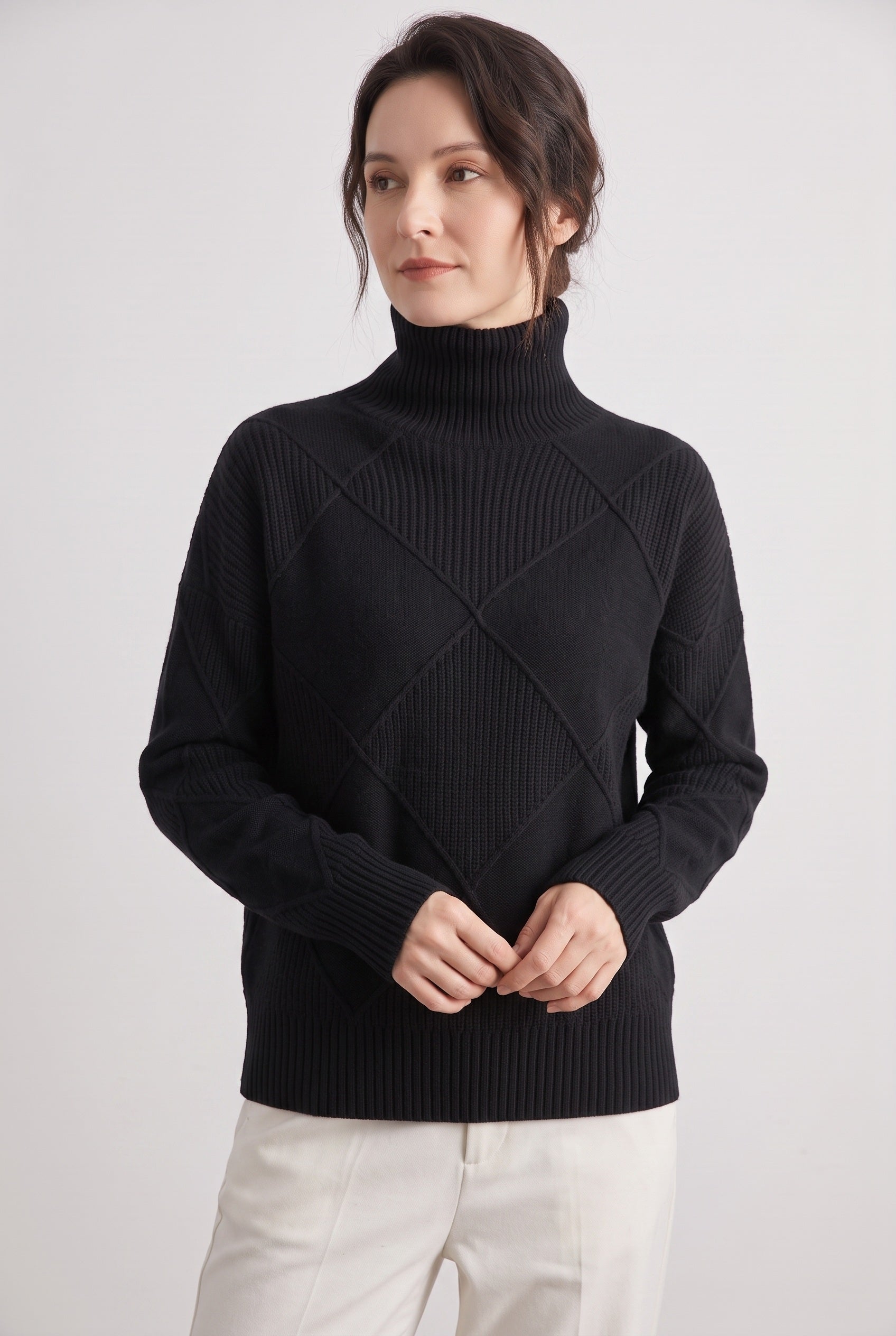 Pull Femme | Torsadé Col Roulé Motif Losanges Coupe Ample - 6