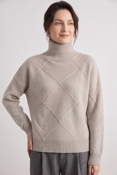 Pull Femme | Torsadé Col Roulé Motif Losanges Coupe Ample - 8