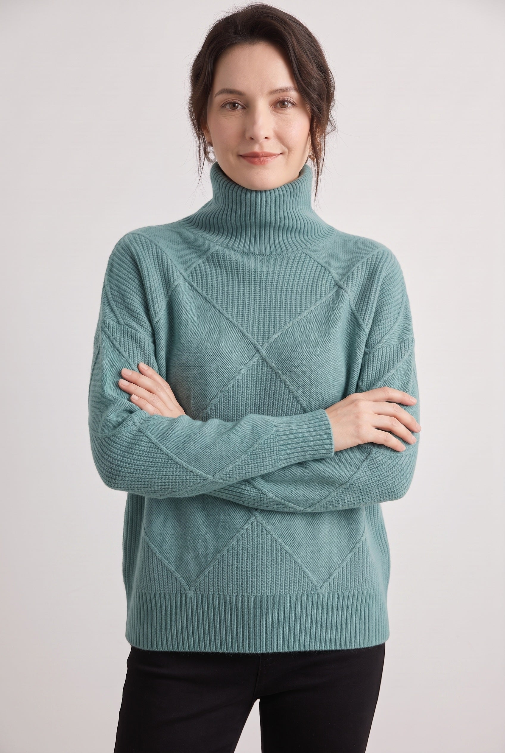 Pull Femme | Torsadé Col Roulé Motif Losanges Coupe Ample - 9