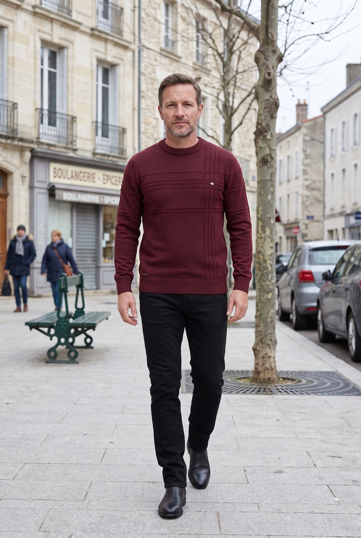 Pull Homme | Col Rond Rayures Ton sur Ton Bords Côtelés - Bordeaux