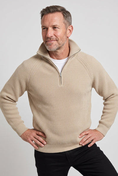 Pull Homme | Col Zippé Maille Côtelée Épaisse Manches Raglan - 5