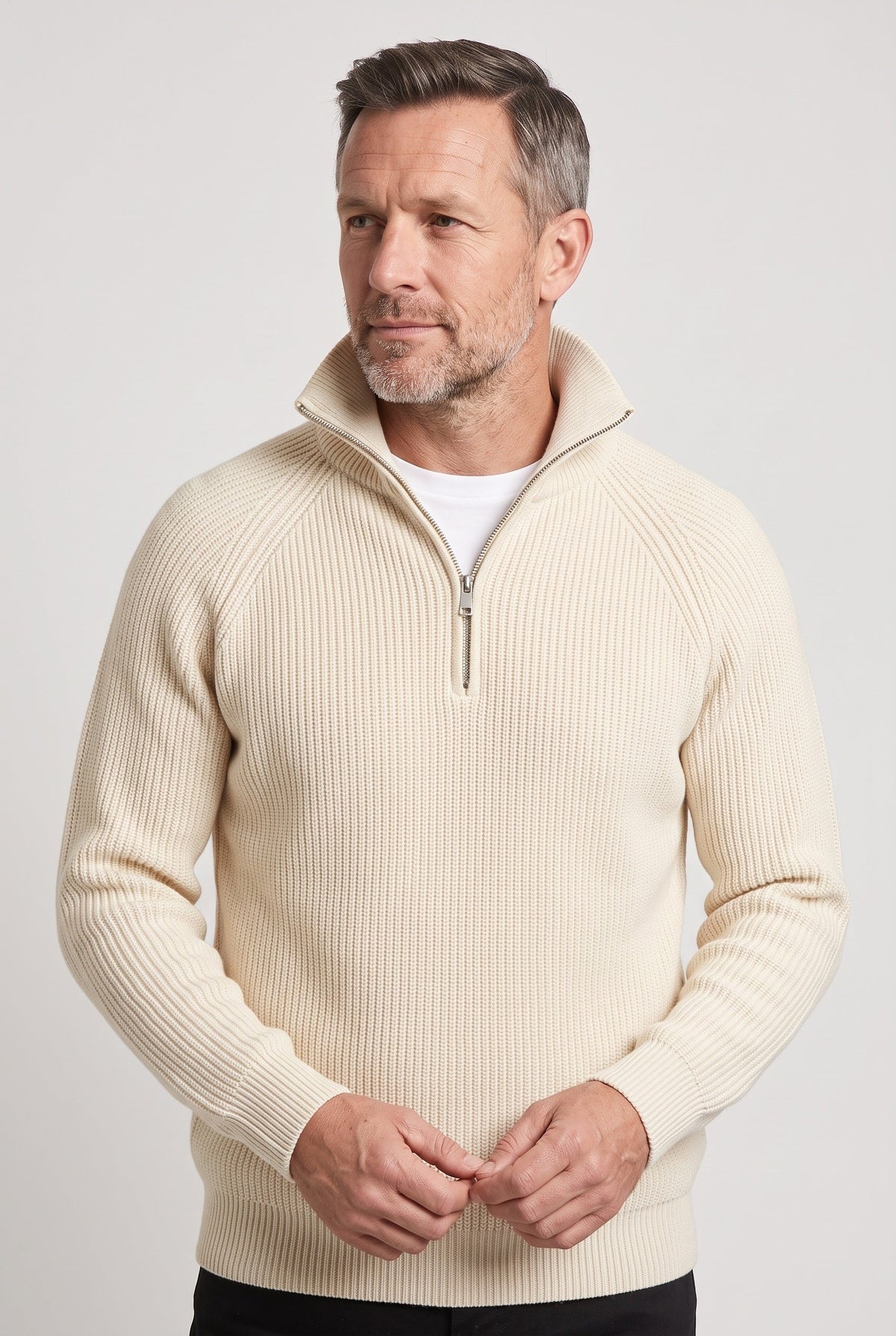 Pull Homme | Col Zippé Maille Côtelée Épaisse Manches Raglan - 6