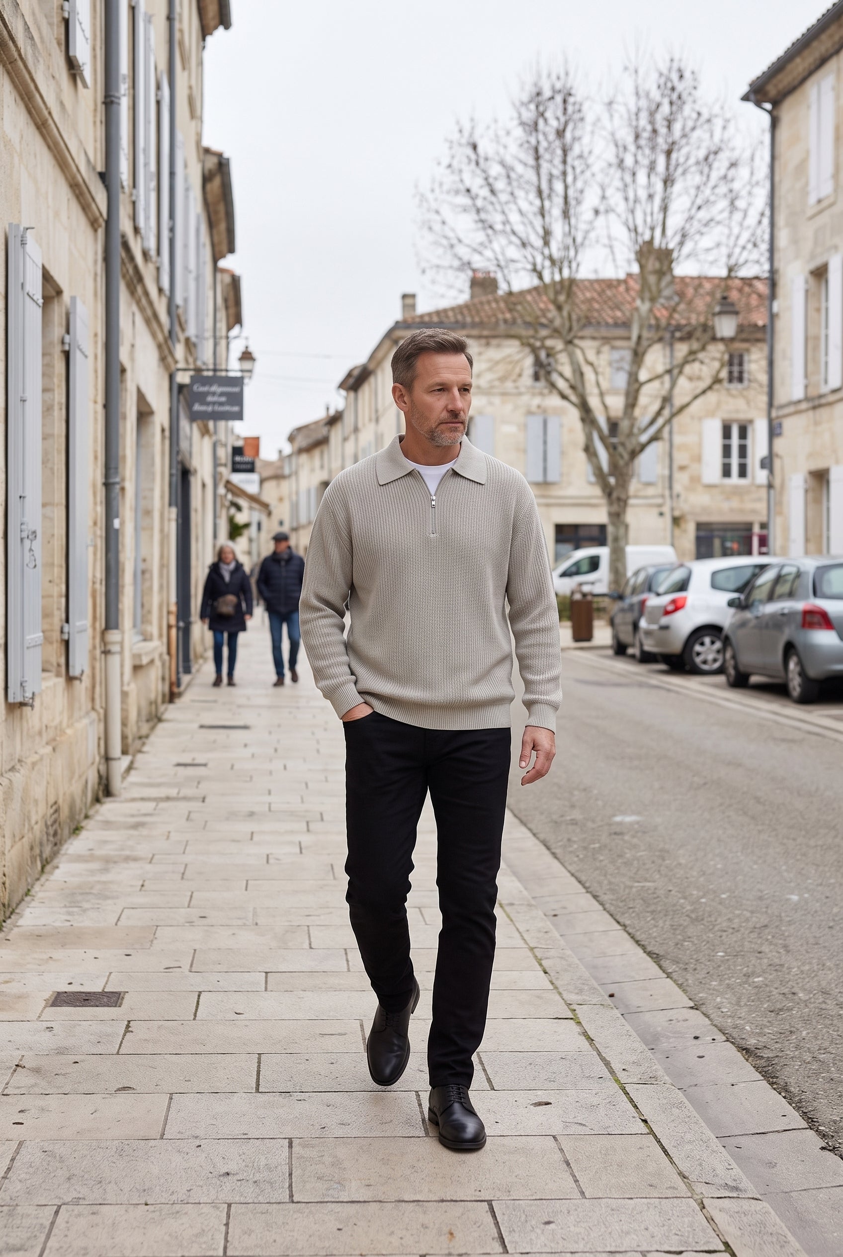 Pull Homme | Col Zippé Maille Côtelée Épaules Tombantes - Gris