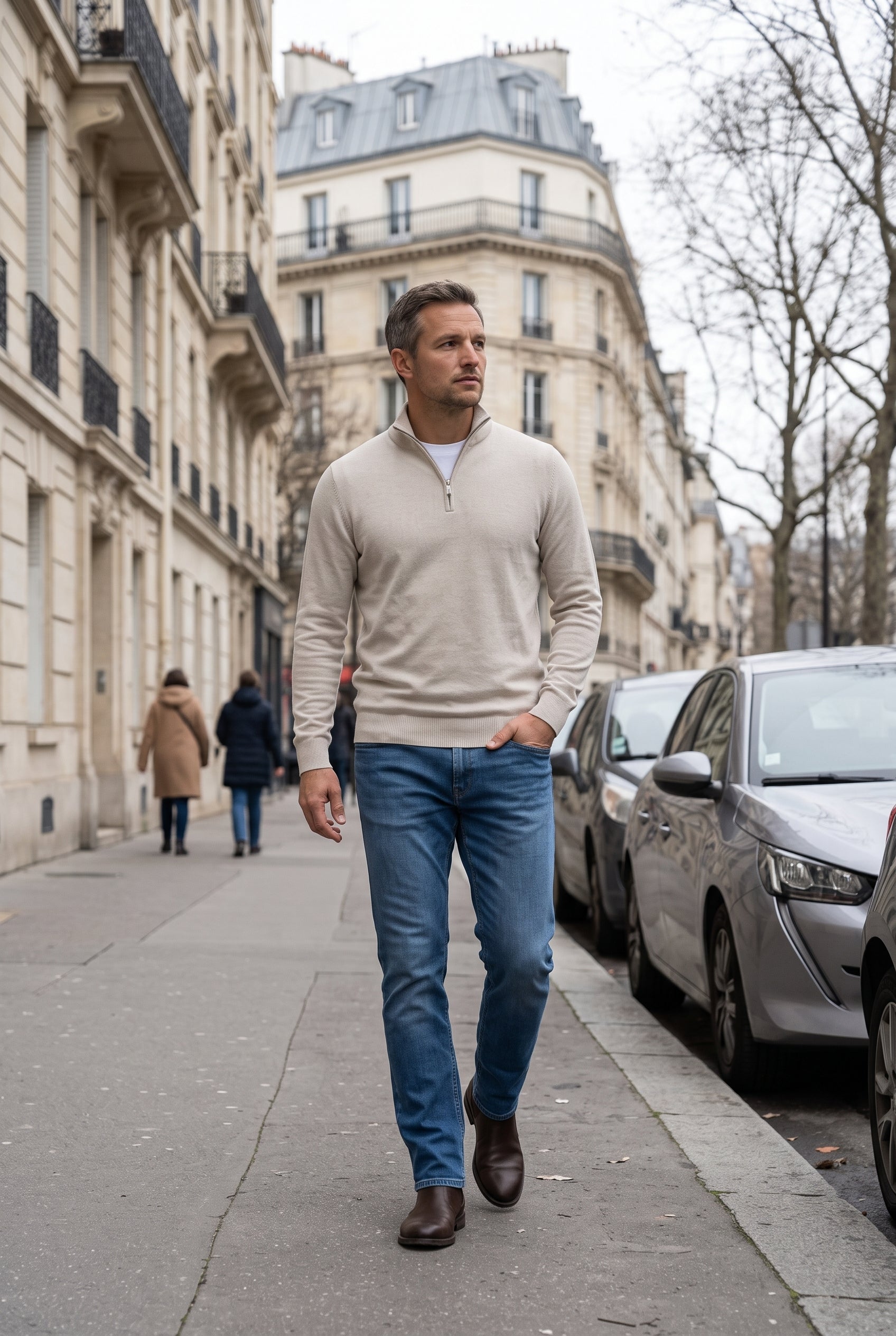 Pull Homme | Col Zippé Montant Maille Fine Chinée Bords Côtelés - Beige