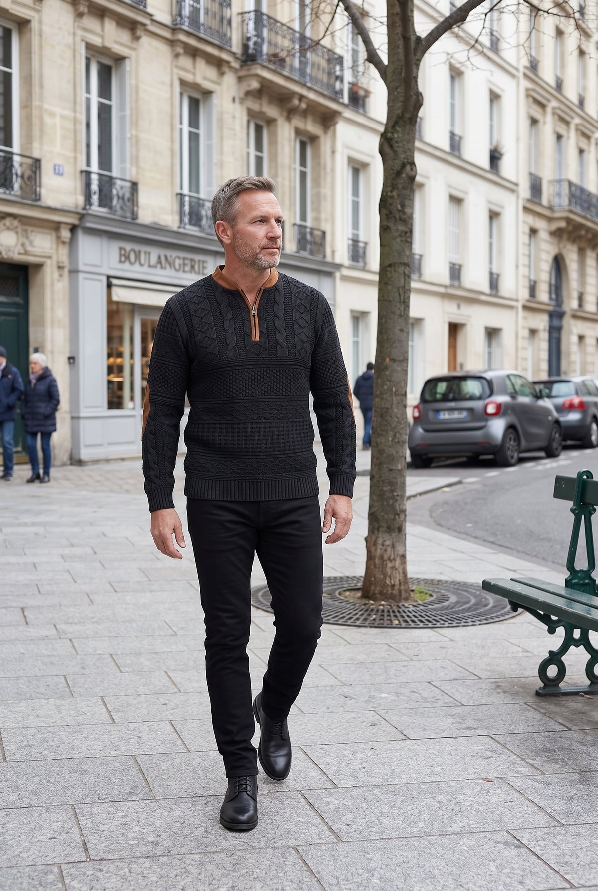 Pull Homme | Col Zippé Torsadé Coudières Contrastées - Noir