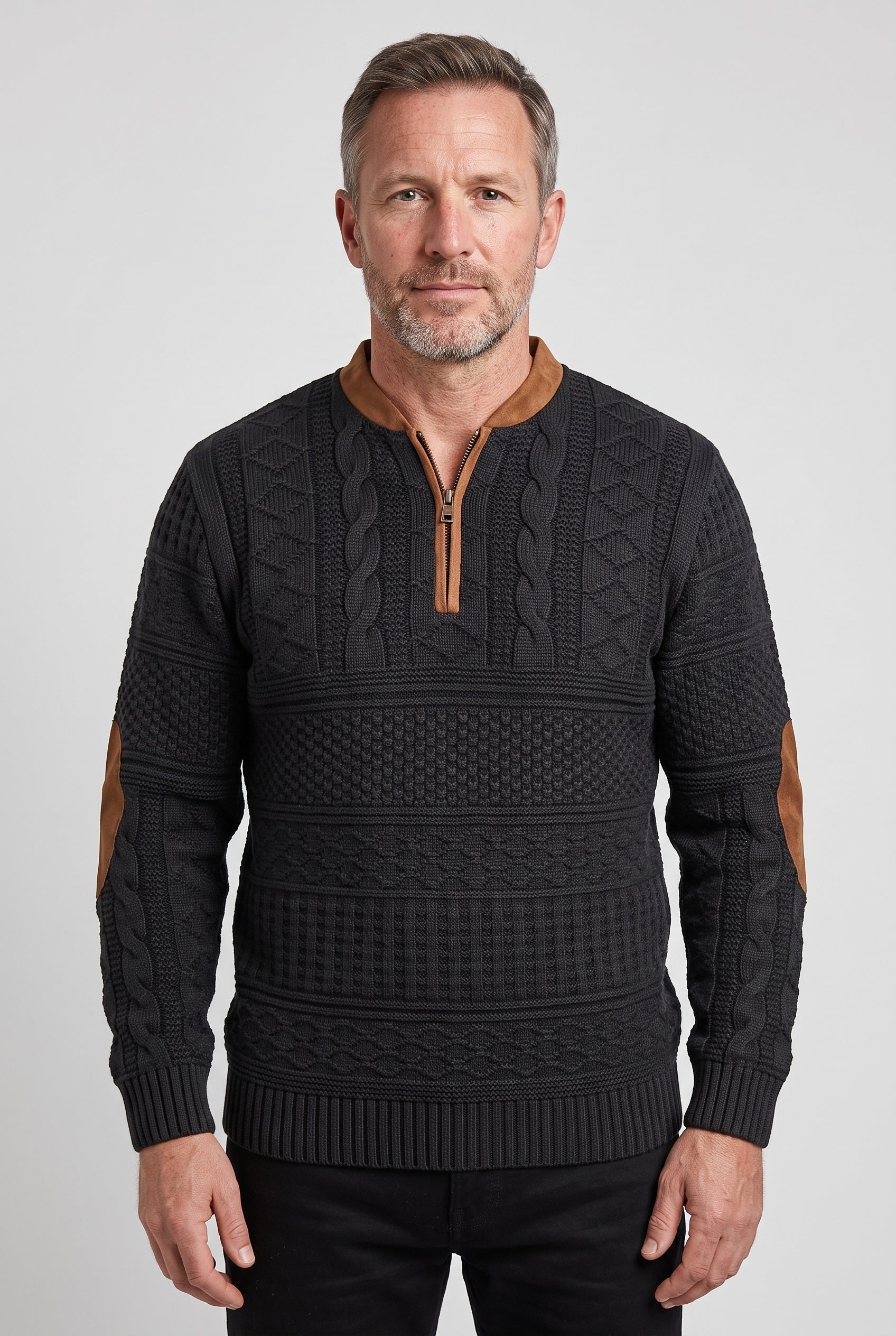 Pull Homme | Col Zippé Torsadé Coudières Contrastées - 1