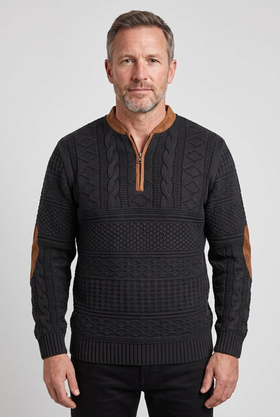Pull Homme | Col Zippé Torsadé Coudières Contrastées - 1