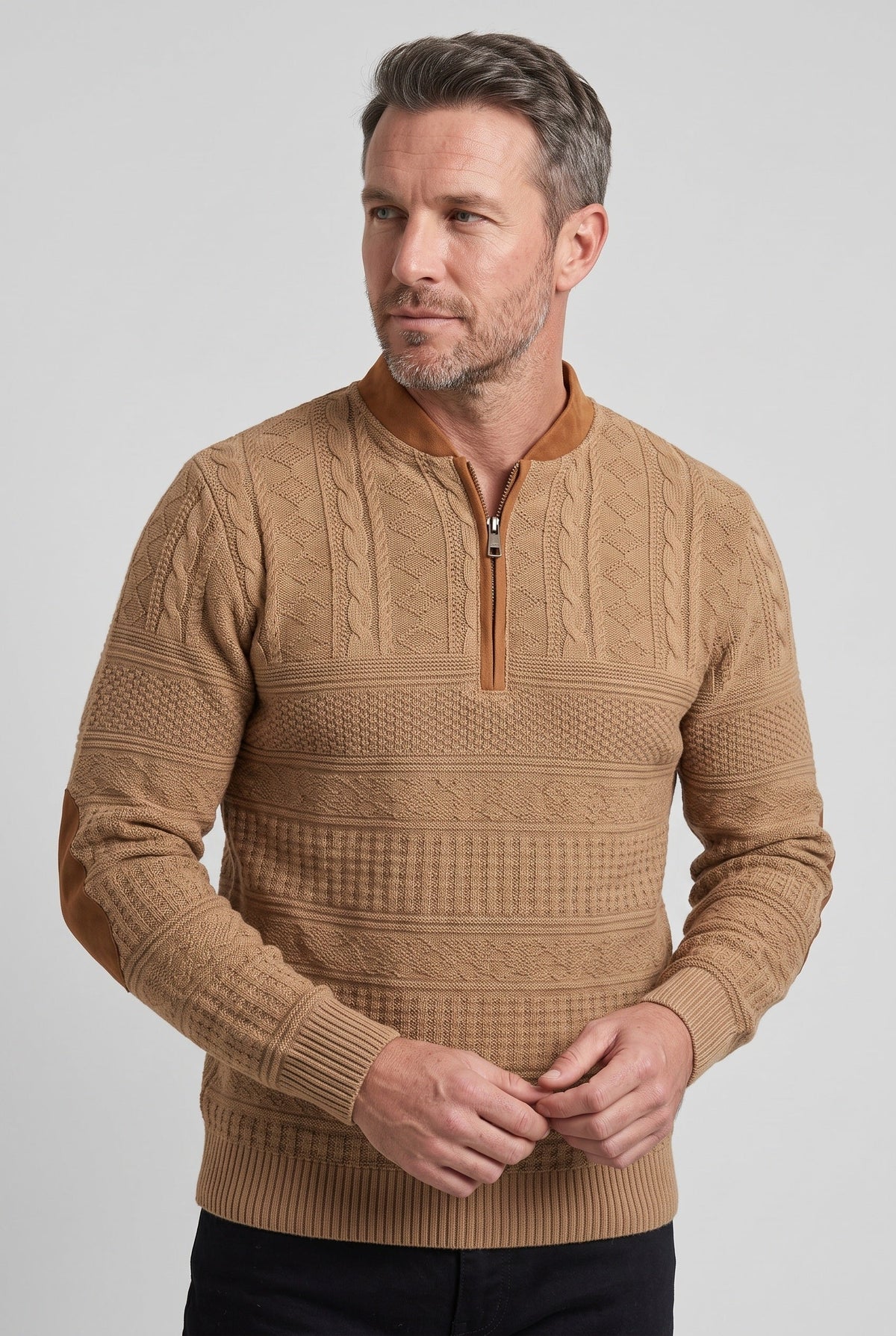 Pull Homme | Col Zippé Torsadé Coudières Contrastées - 5