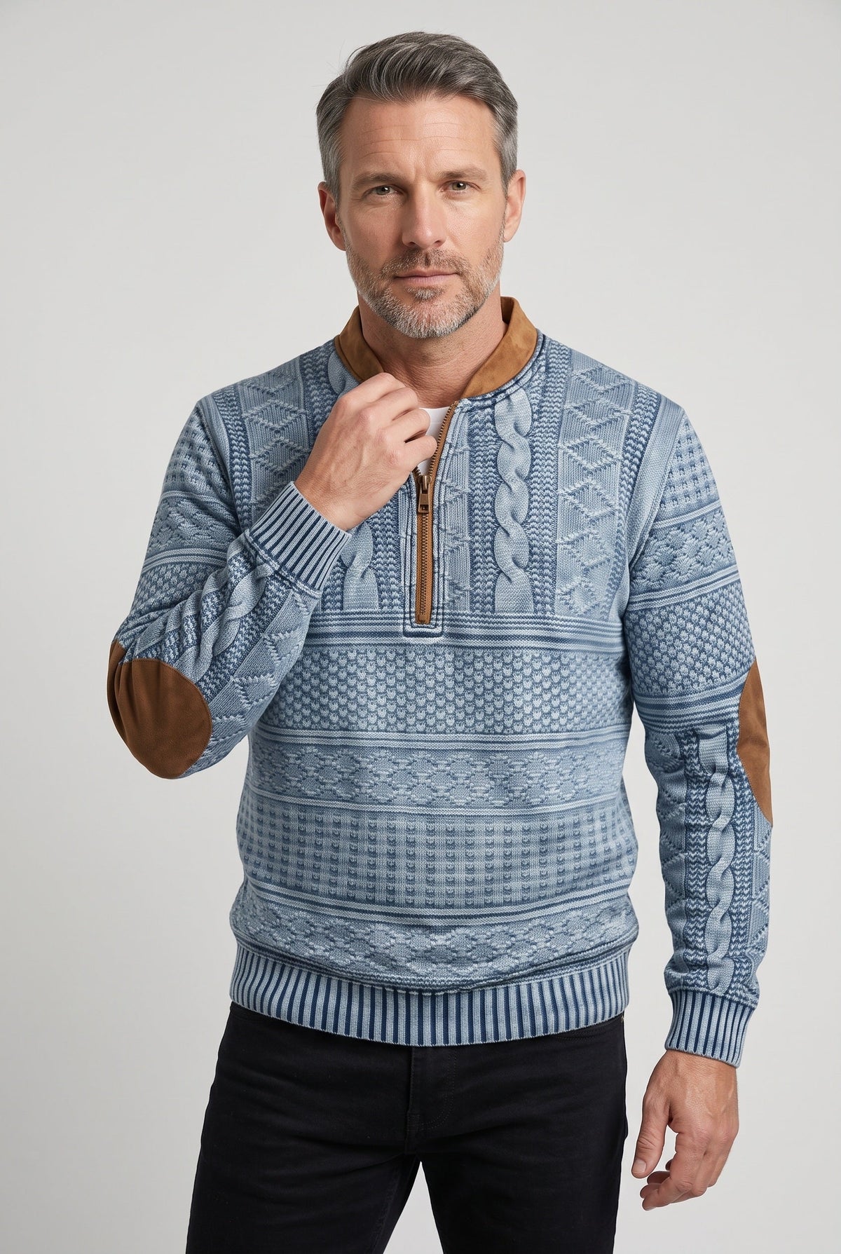 Pull Homme | Col Zippé Torsadé Coudières Contrastées - 6
