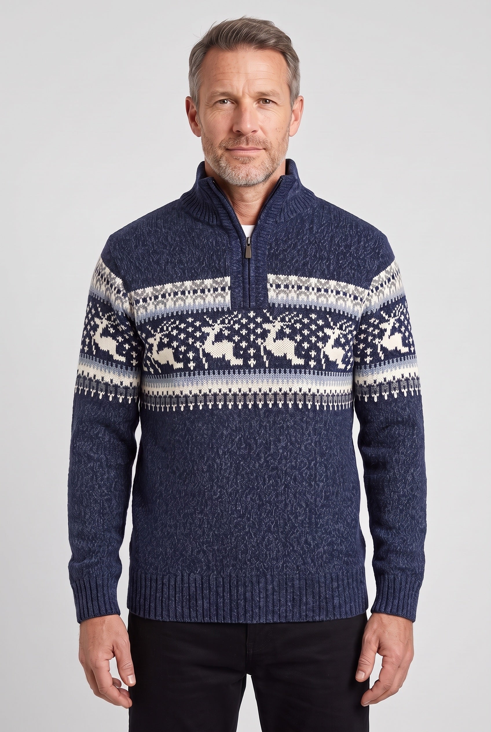 Pull Homme | Jacquard Demi-Zip Col Montant Bords Côtelés - 1