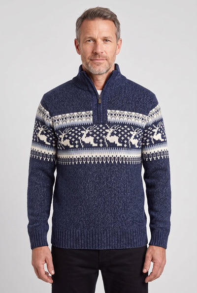Pull Homme | Jacquard Demi-Zip Col Montant Bords Côtelés - 1
