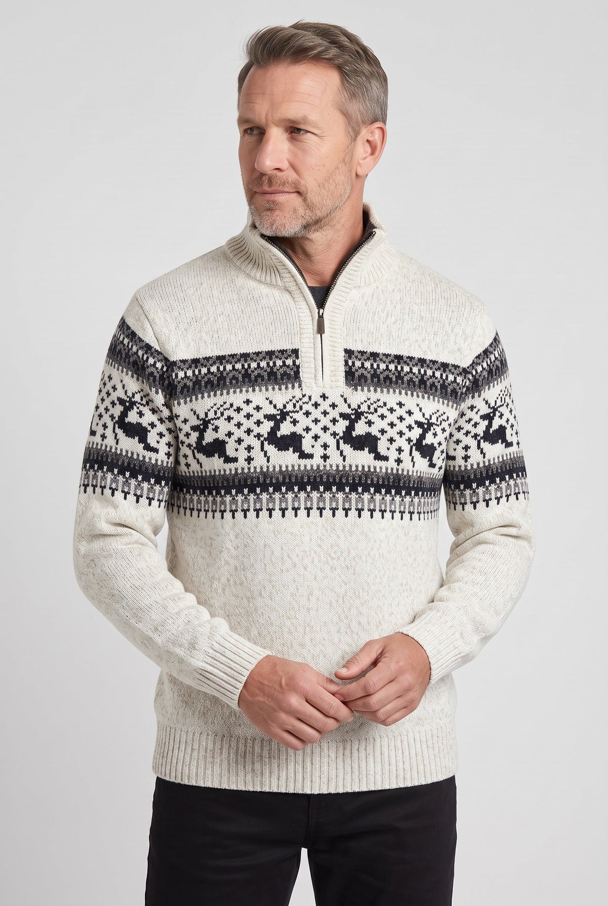 Pull Homme | Jacquard Demi-Zip Col Montant Bords Côtelés - 6