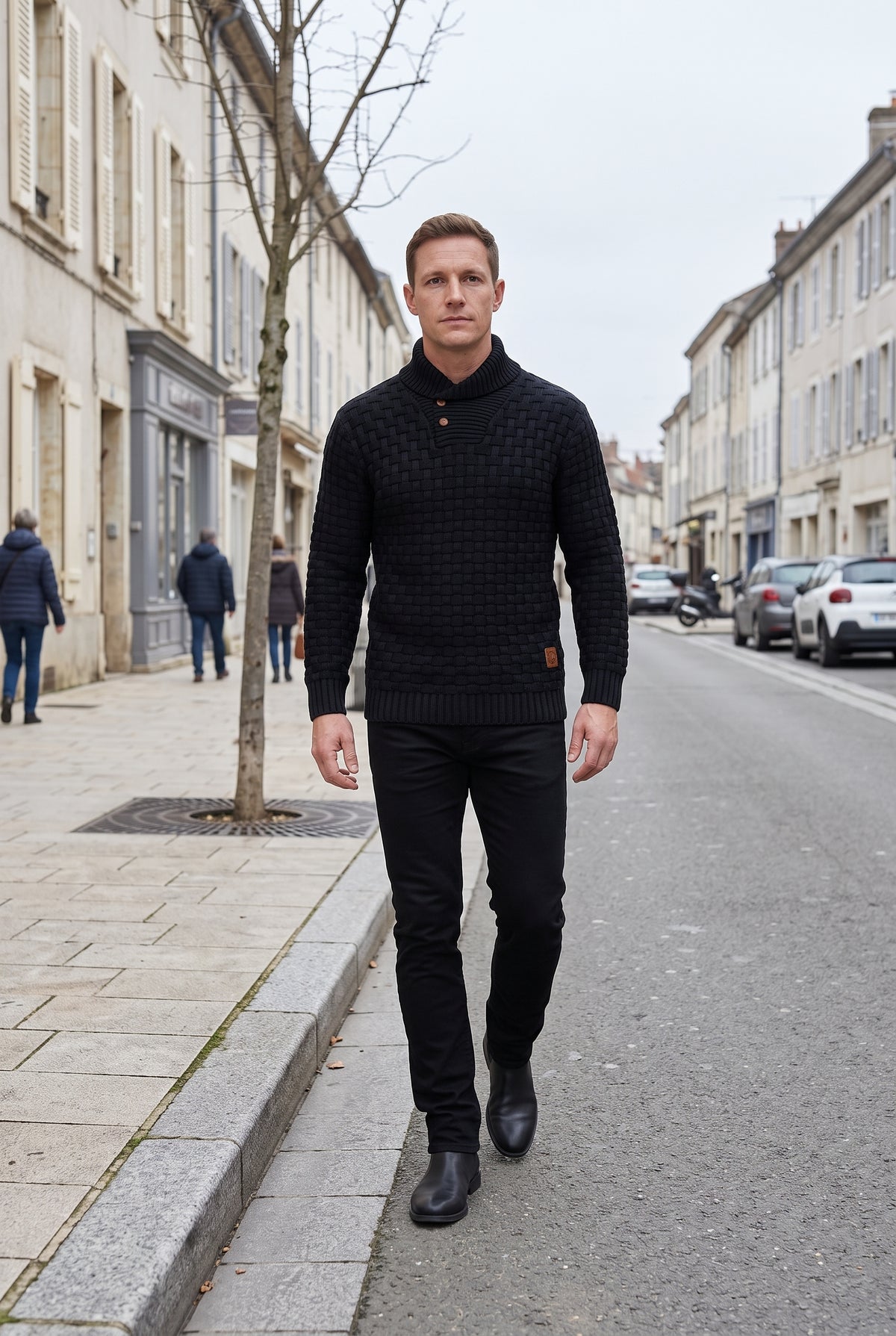 Pull Homme | Patte Boutonnée Col Châle Maille Tressée - Noir
