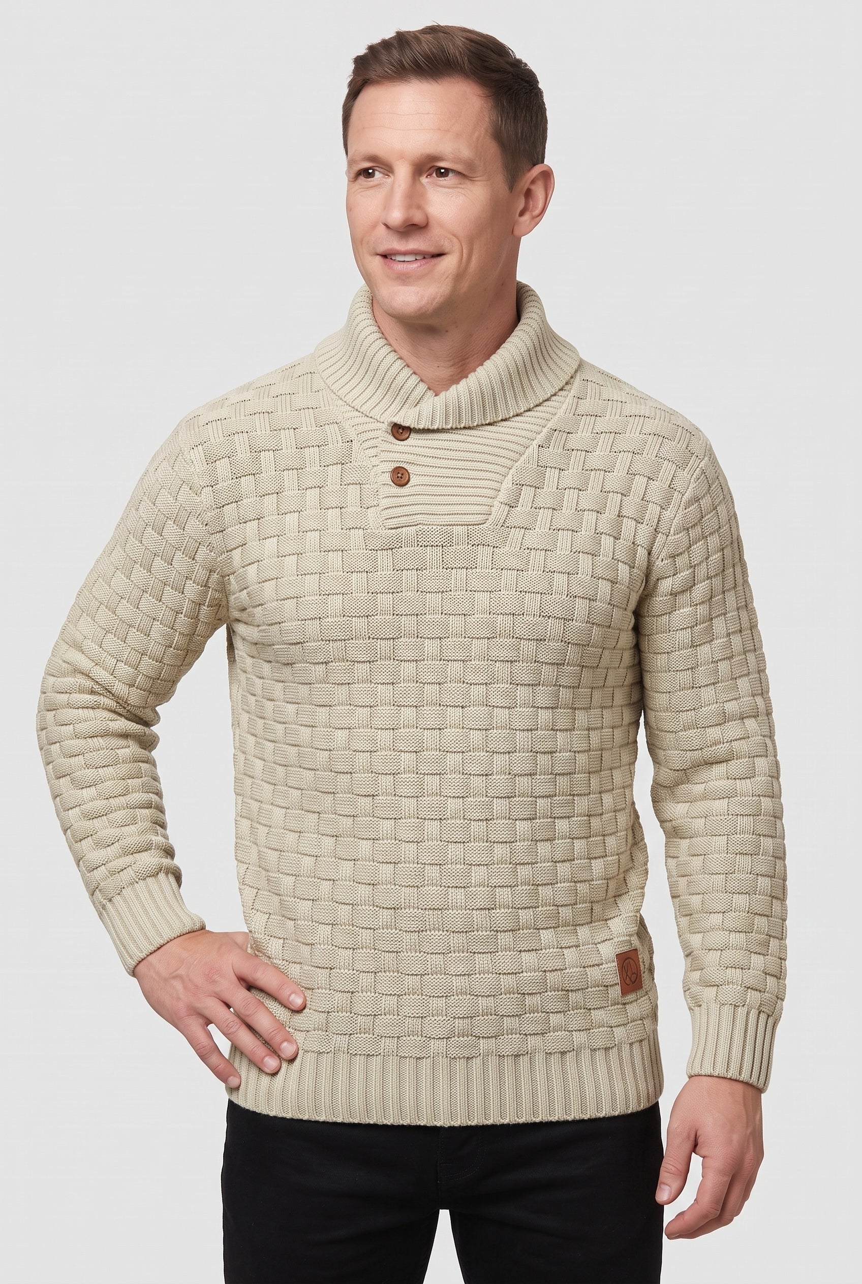 Pull Homme | Patte Boutonnée Col Châle Maille Tressée - 8