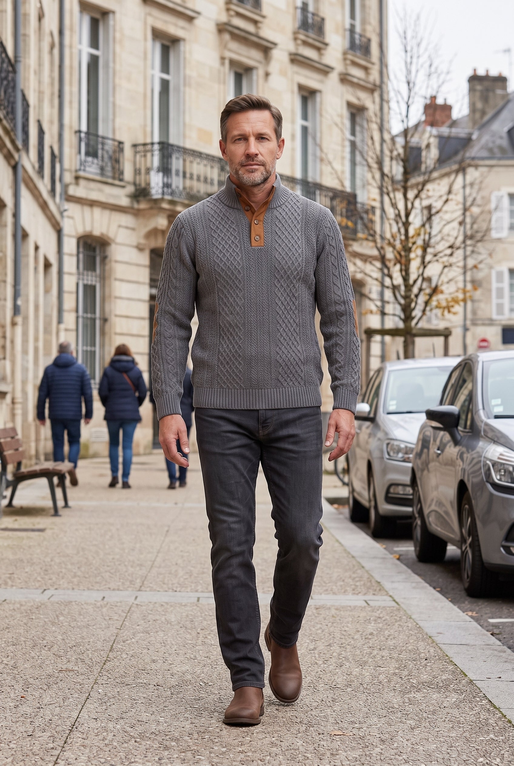 Pull Homme | Torsadé Col Montant Boutonné Coudières - Gris foncé