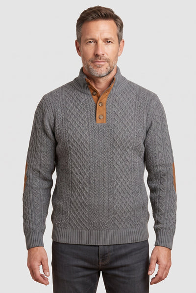 Pull Homme | Torsadé Col Montant Boutonné Coudières - 1