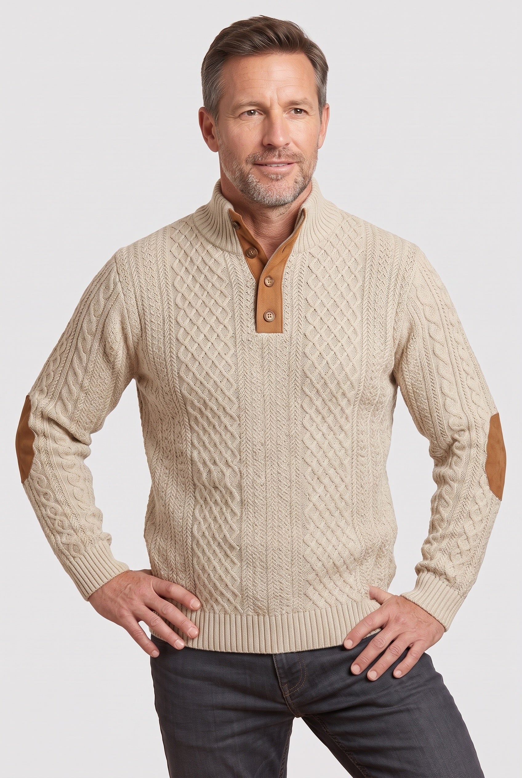 Pull Homme | Torsadé Col Montant Boutonné Coudières - 5
