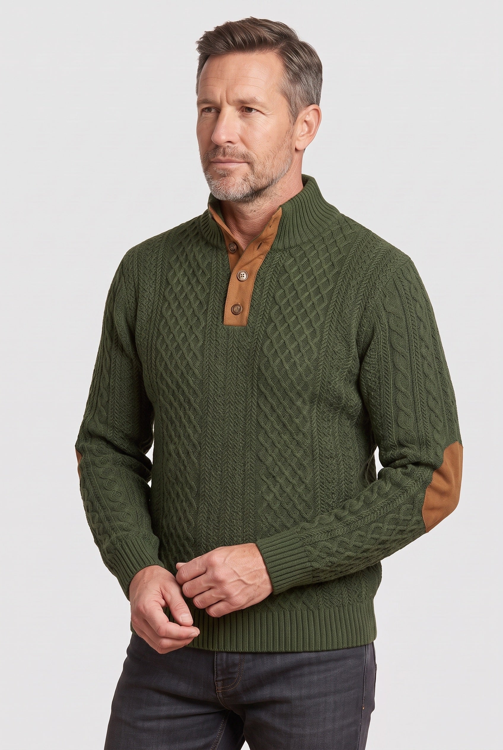 Pull Homme | Torsadé Col Montant Boutonné Coudières - 6