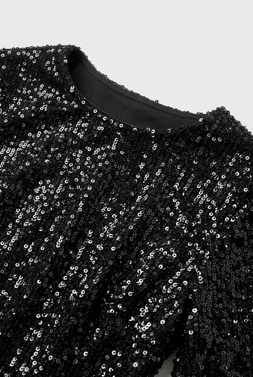 Robe de Soirée Femme | Paillettes Courte Manches Ballon Col Rond - 3