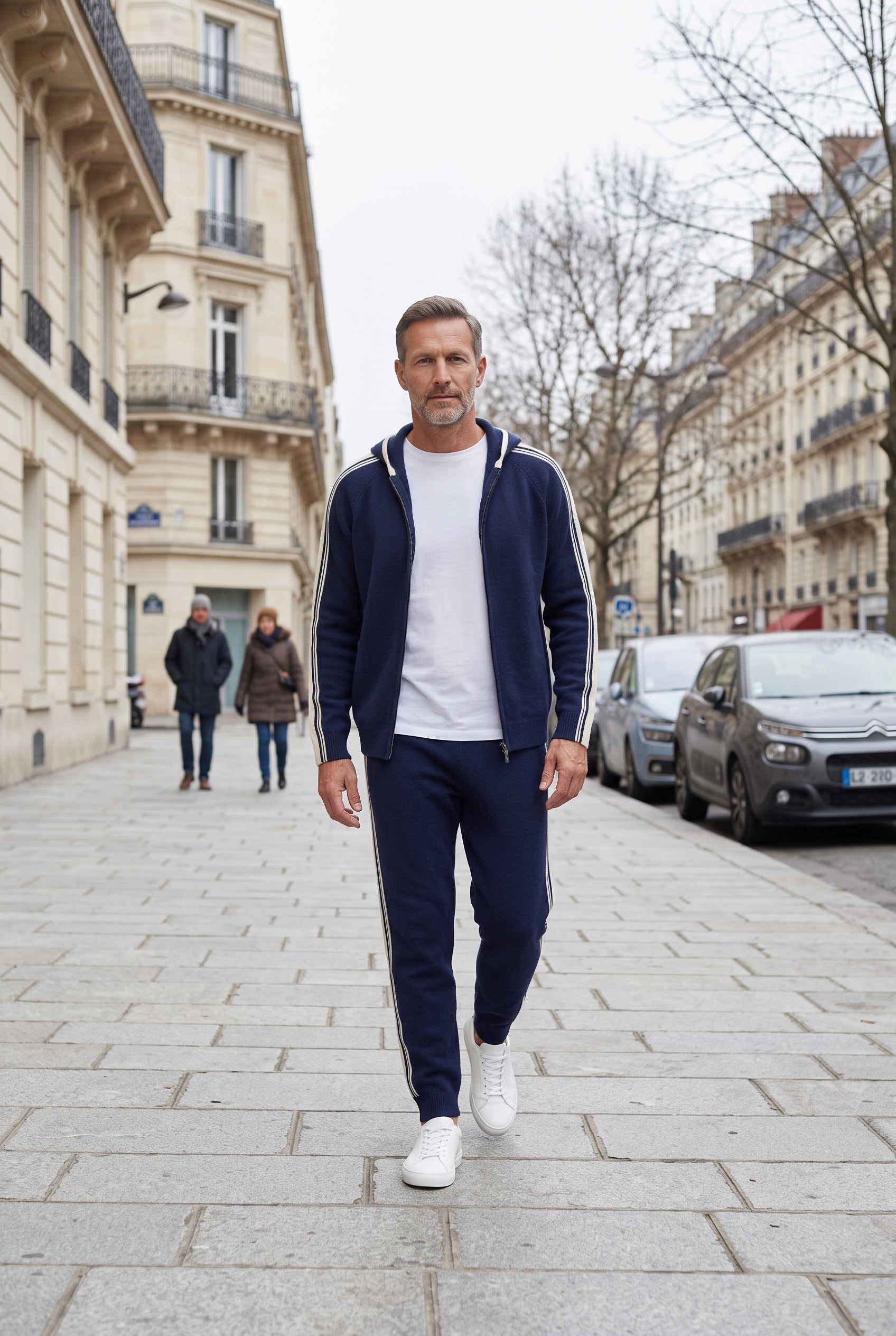 Survêtement Homme | Zip Intégral Capuche Doublée Bandes Latérales - Bleu marine