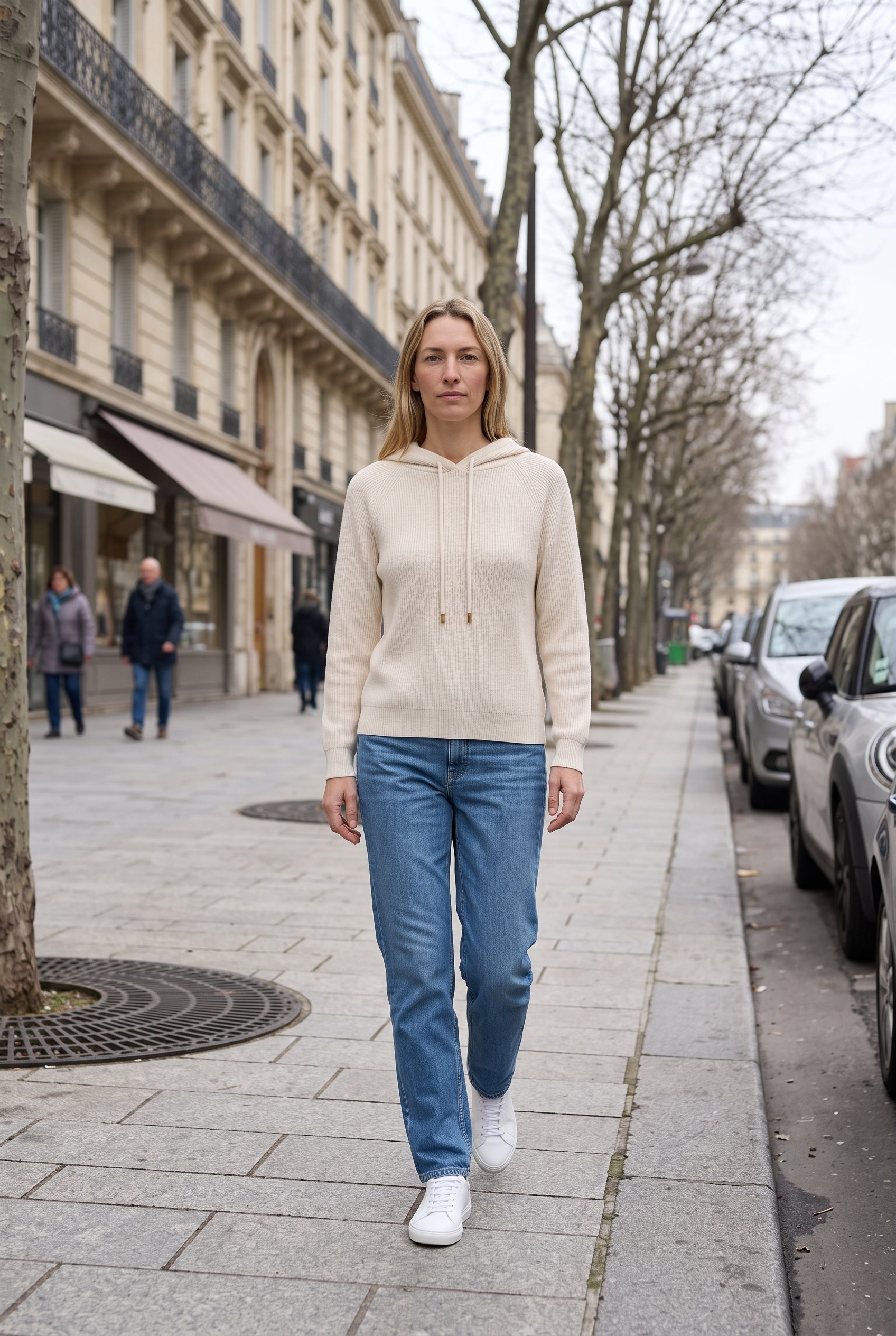 Sweat Femme | À Capuche Maille Côtelée Cordon de Serrage Coupe Ample - Blanc