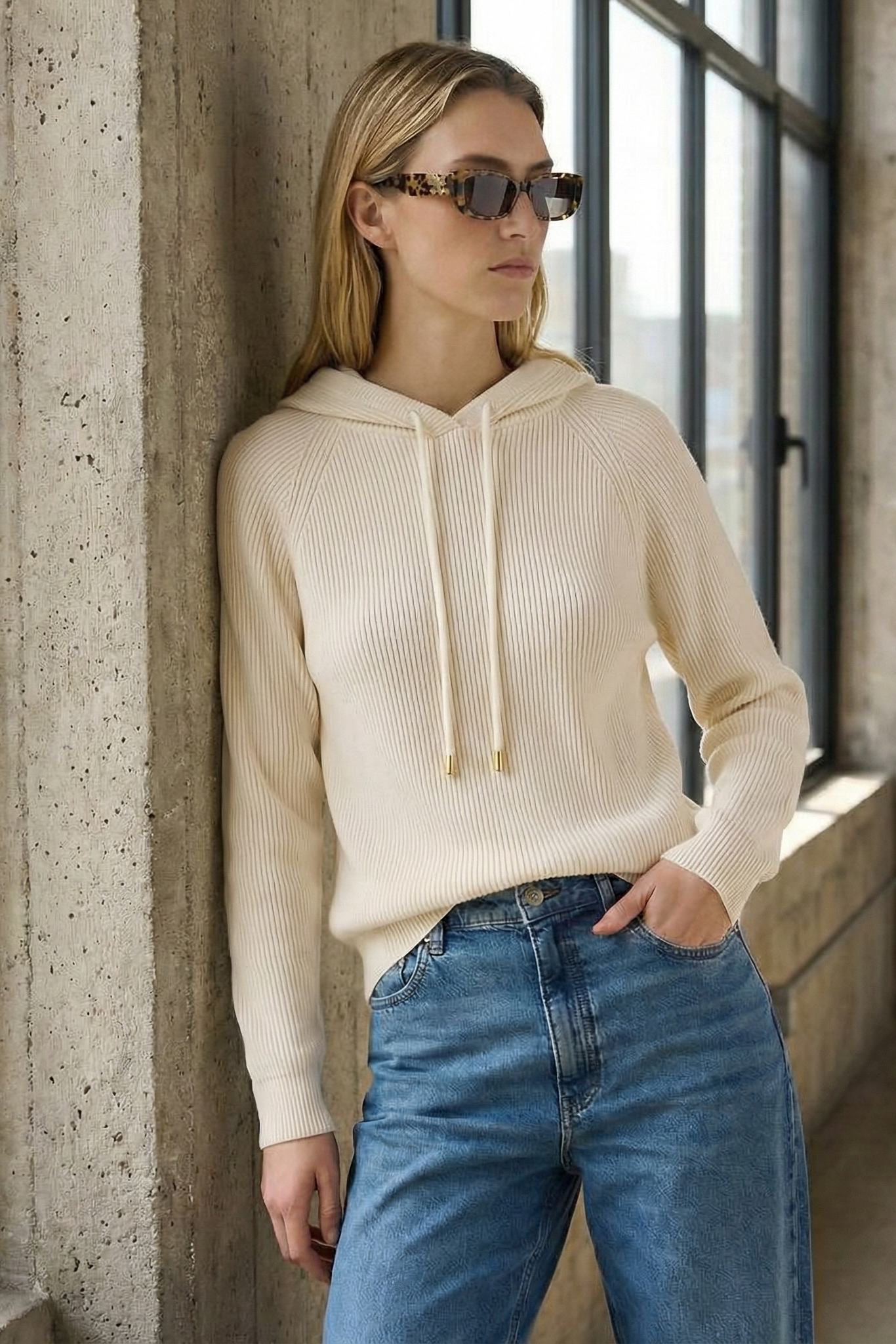 Sweat Femme | À Capuche Maille Côtelée Cordon de Serrage Coupe Ample - 5