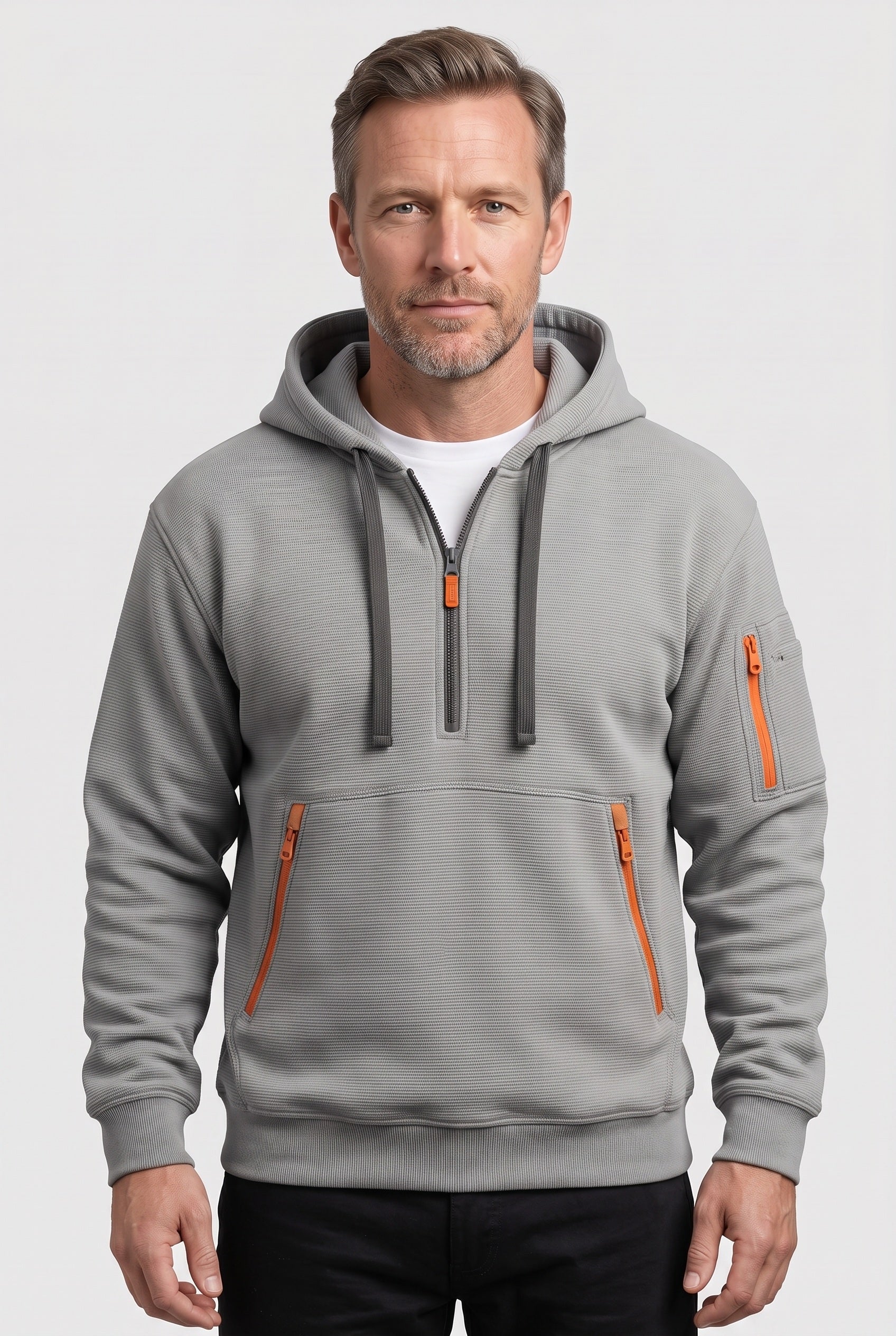 Sweat Homme | À Capuche Demi-Zip Poches Zippées Texture Côtelée - 1