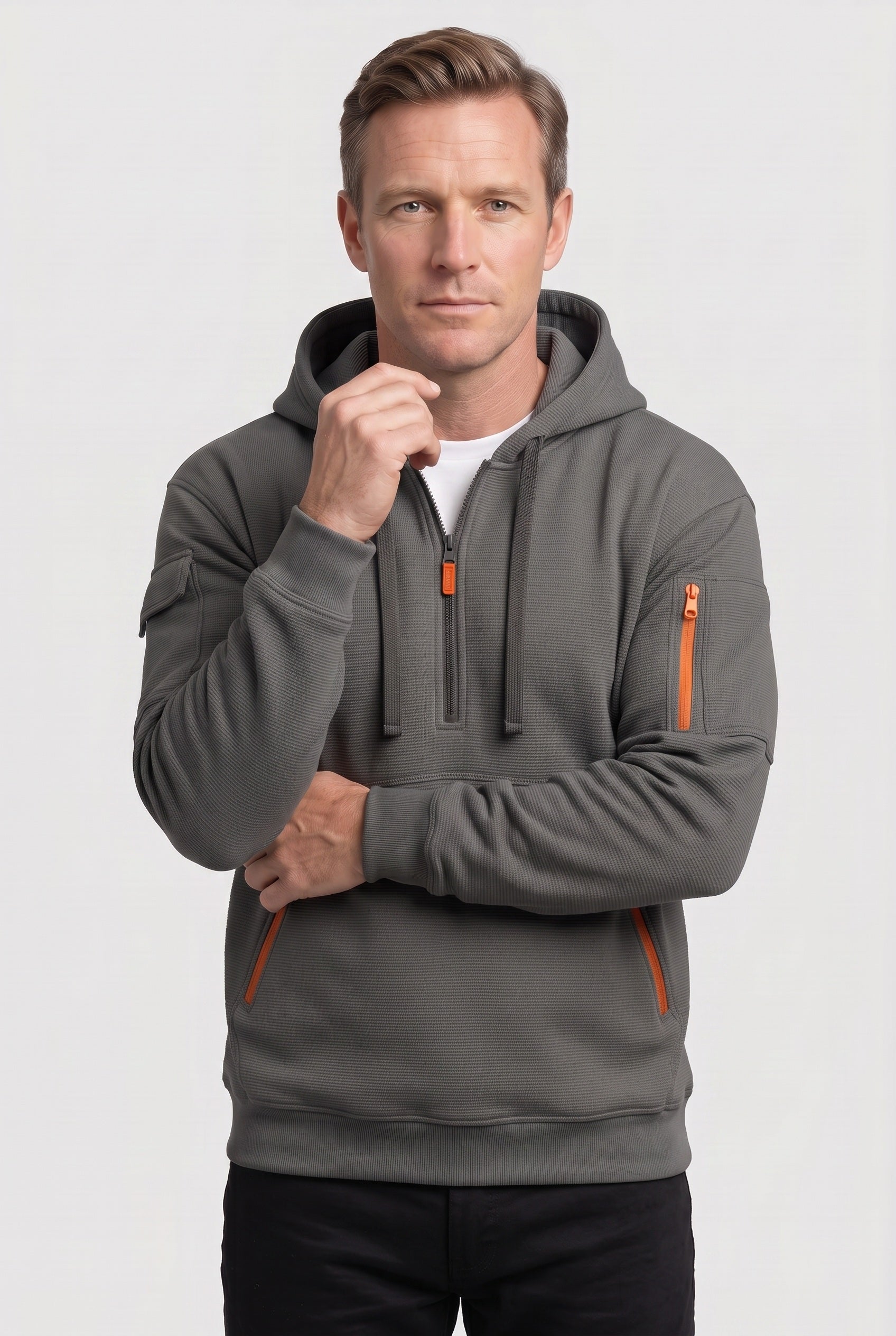 Sweat Homme | À Capuche Demi-Zip Poches Zippées Texture Côtelée - 10