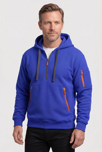 Sweat Homme | À Capuche Demi-Zip Poches Zippées Texture Côtelée - 11