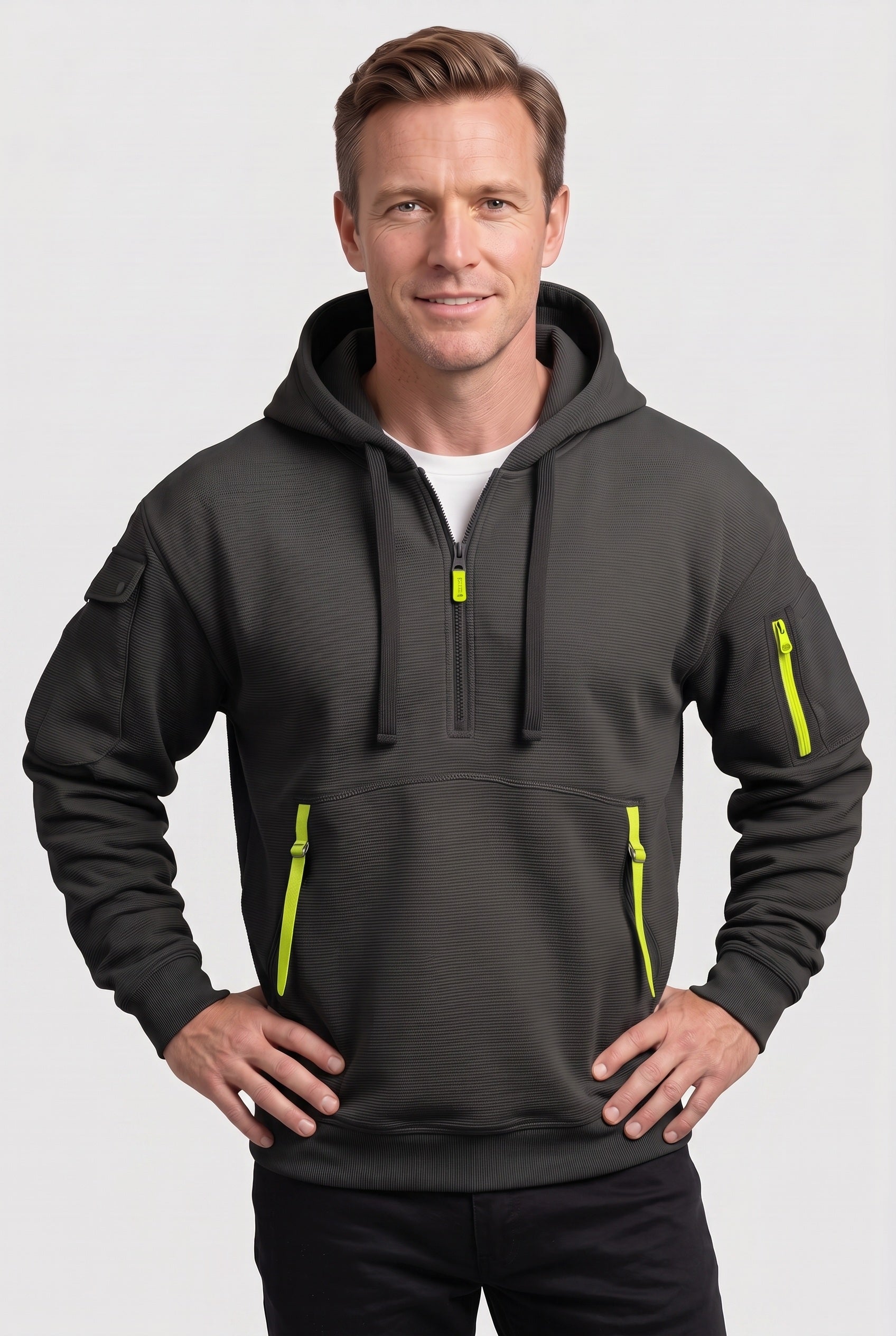 Sweat Homme | À Capuche Demi-Zip Poches Zippées Texture Côtelée - 5