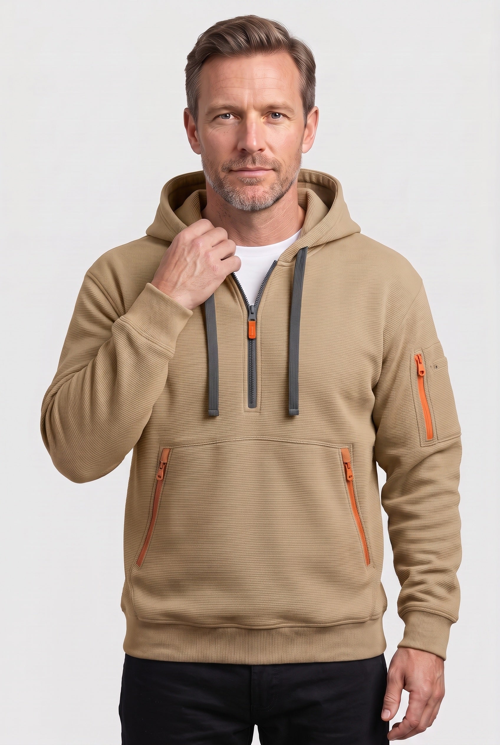 Sweat Homme | À Capuche Demi-Zip Poches Zippées Texture Côtelée - 7