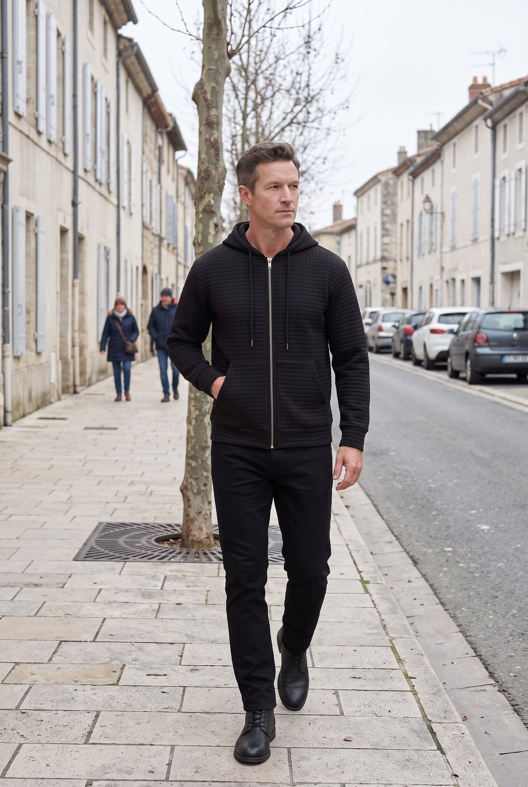 Sweat Homme | À Capuche Zippé Maille Gaufrée Poches Devant - Noir