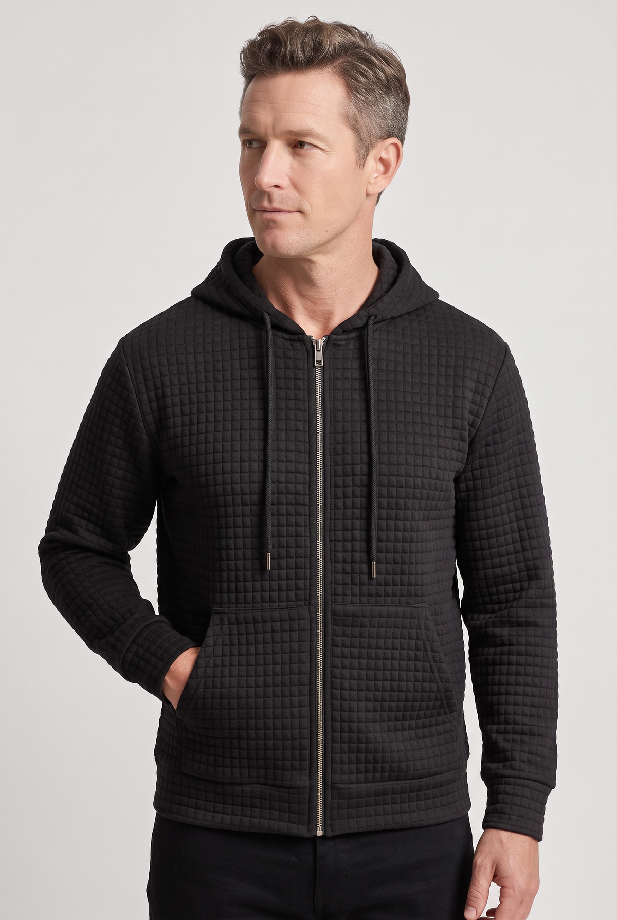 Sweat Homme | À Capuche Zippé Maille Gaufrée Poches Devant - 1