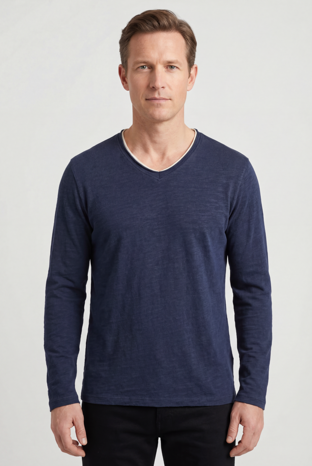 Tee Shirt Homme | Manches Longues Col V Bord Contrastant - 1