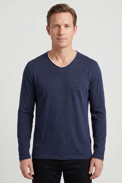 Tee Shirt Homme | Manches Longues Col V Bord Contrastant - 1