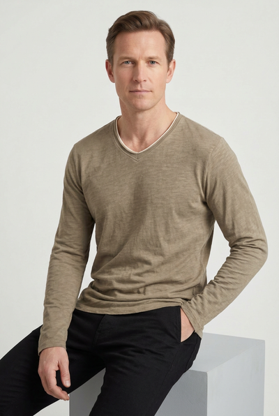 Tee Shirt Homme | Manches Longues Col V Bord Contrastant - 6