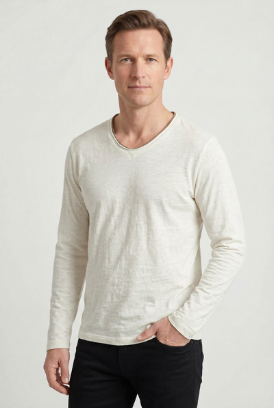 Tee Shirt Homme | Manches Longues Col V Bord Contrastant - 7