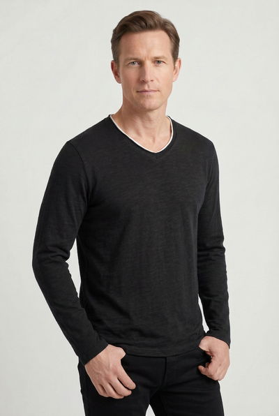 Tee Shirt Homme | Manches Longues Col V Bord Contrastant - 8