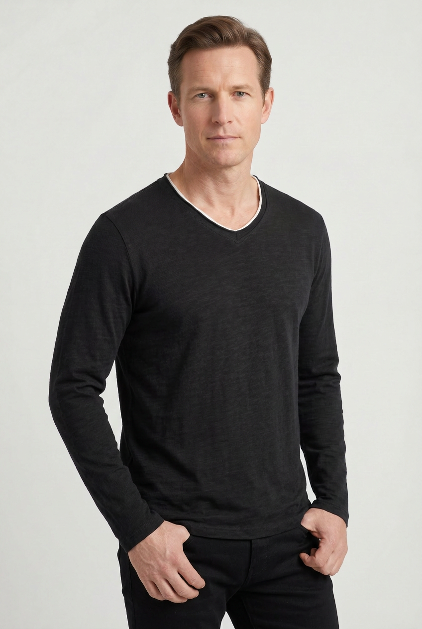 Tee Shirt Homme | Manches Longues Col V Bord Contrastant - 8