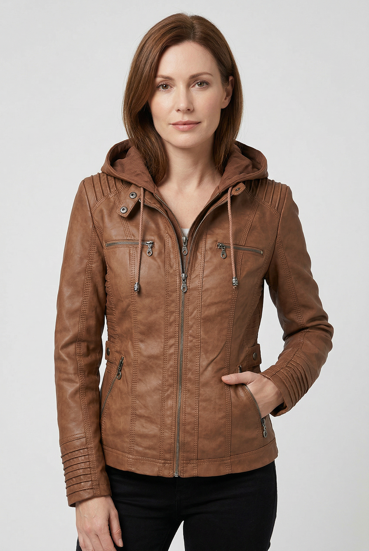 Veste Femme | Aspect Cuir Zip Deux Sens Capuche Poches Poitrine - 1