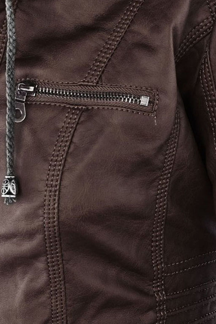 Veste Femme | Aspect Cuir Zip Deux Sens Capuche Poches Poitrine - 11
