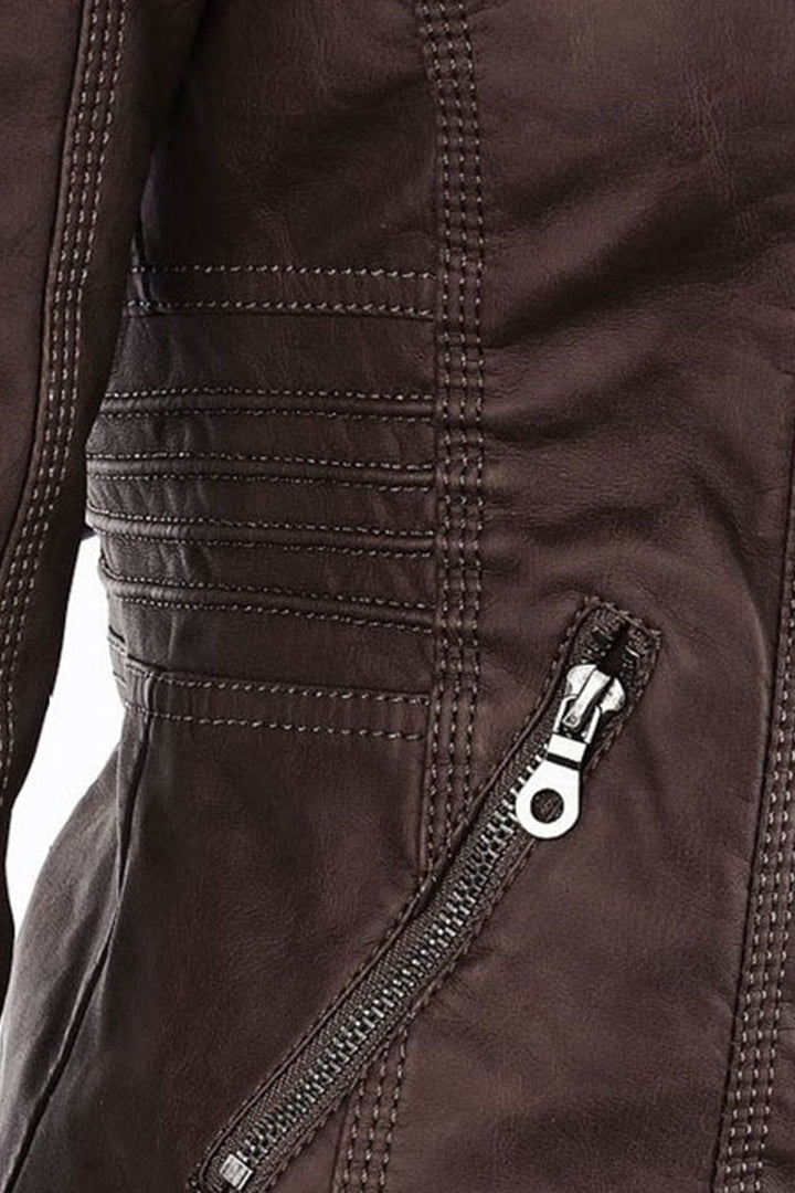 Veste Femme | Aspect Cuir Zip Deux Sens Capuche Poches Poitrine - 12