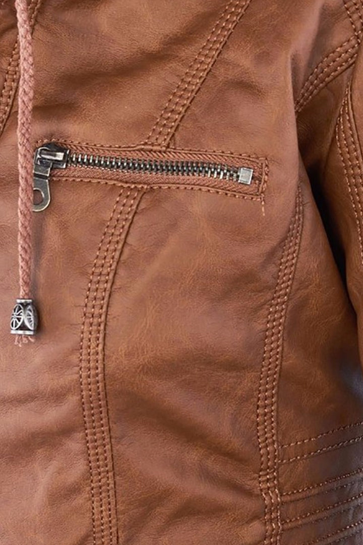 Veste Femme | Aspect Cuir Zip Deux Sens Capuche Poches Poitrine - 3